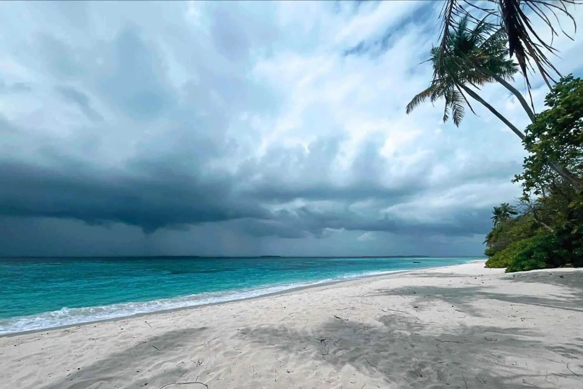 A white Maldivian beach under dark storm clouds, turquoise sea on the left, palms on the right